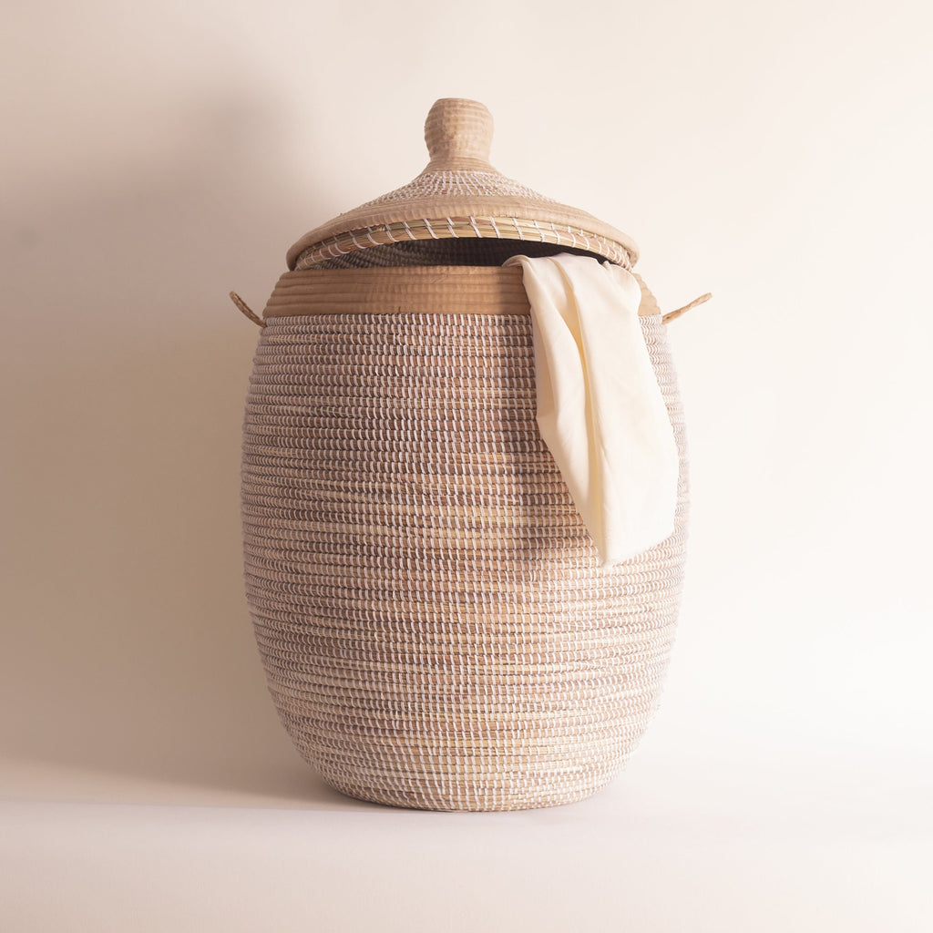 African basket White and Beige leather EGG LARGE